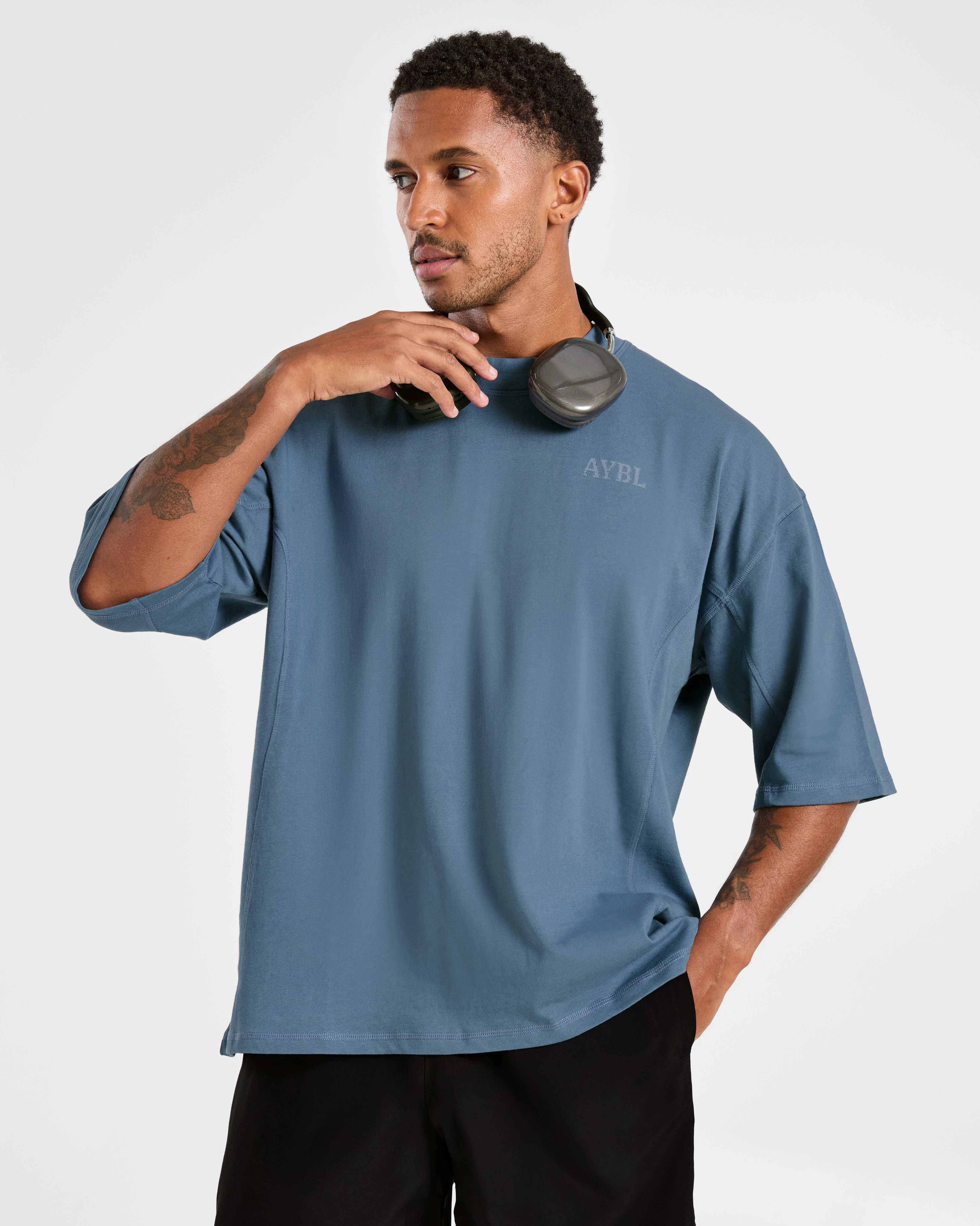 Lift Club Distressed Oversized T Shirt - Washed Indigo - Image 8