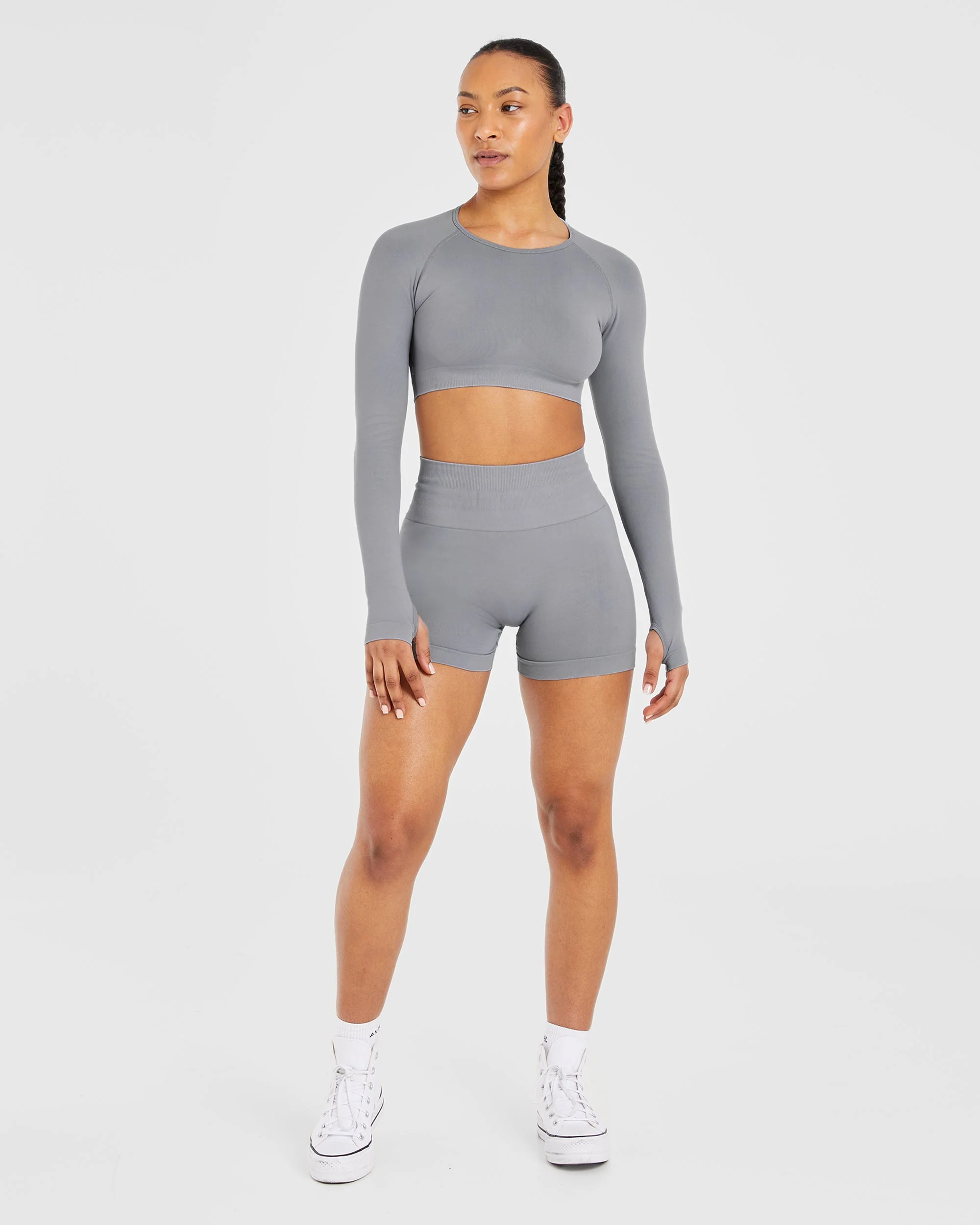 Power Seamless Long Sleeve Crop Top - Grey - Image 3