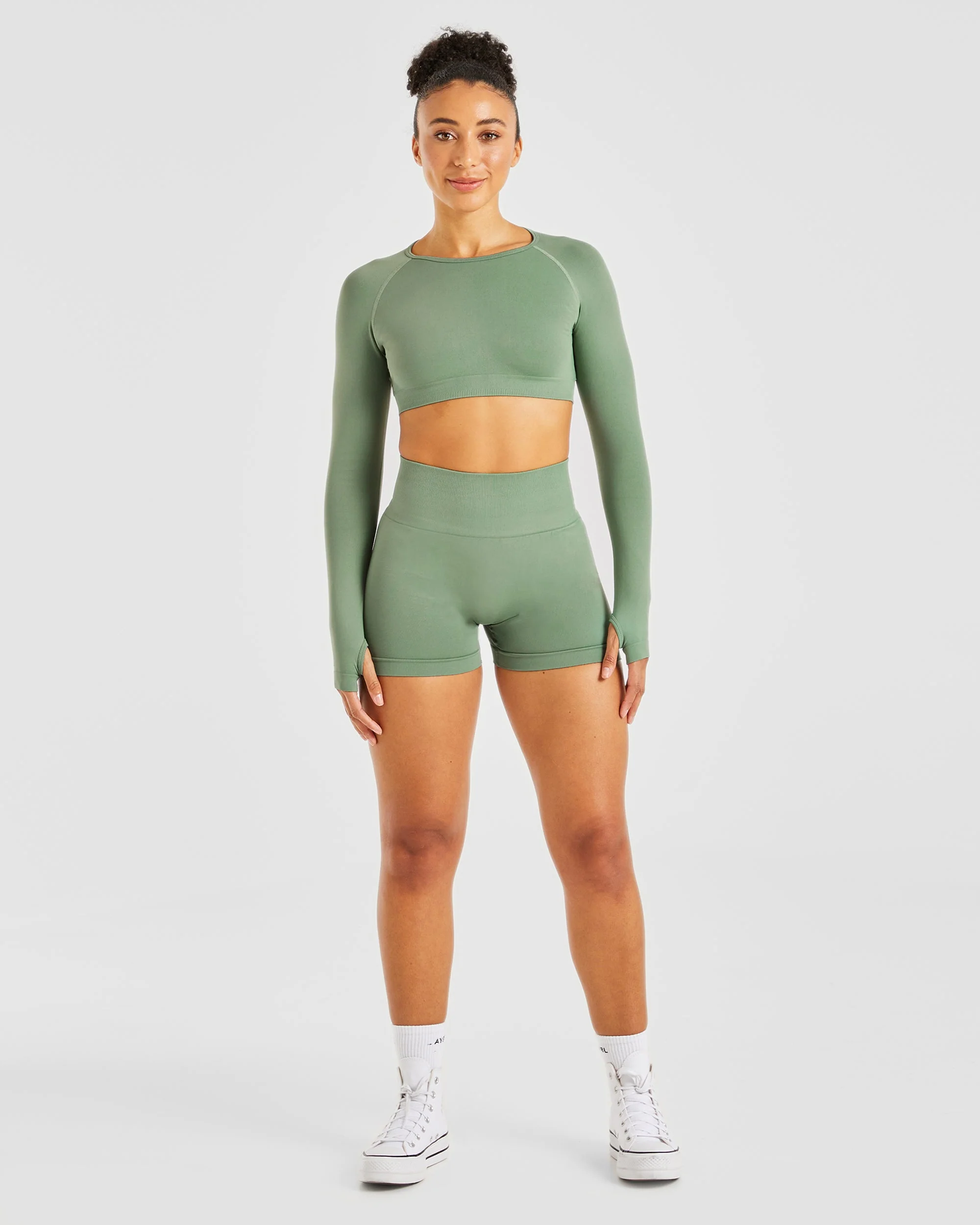 Power Seamless Long Sleeve Crop Top - Olive - Image 3