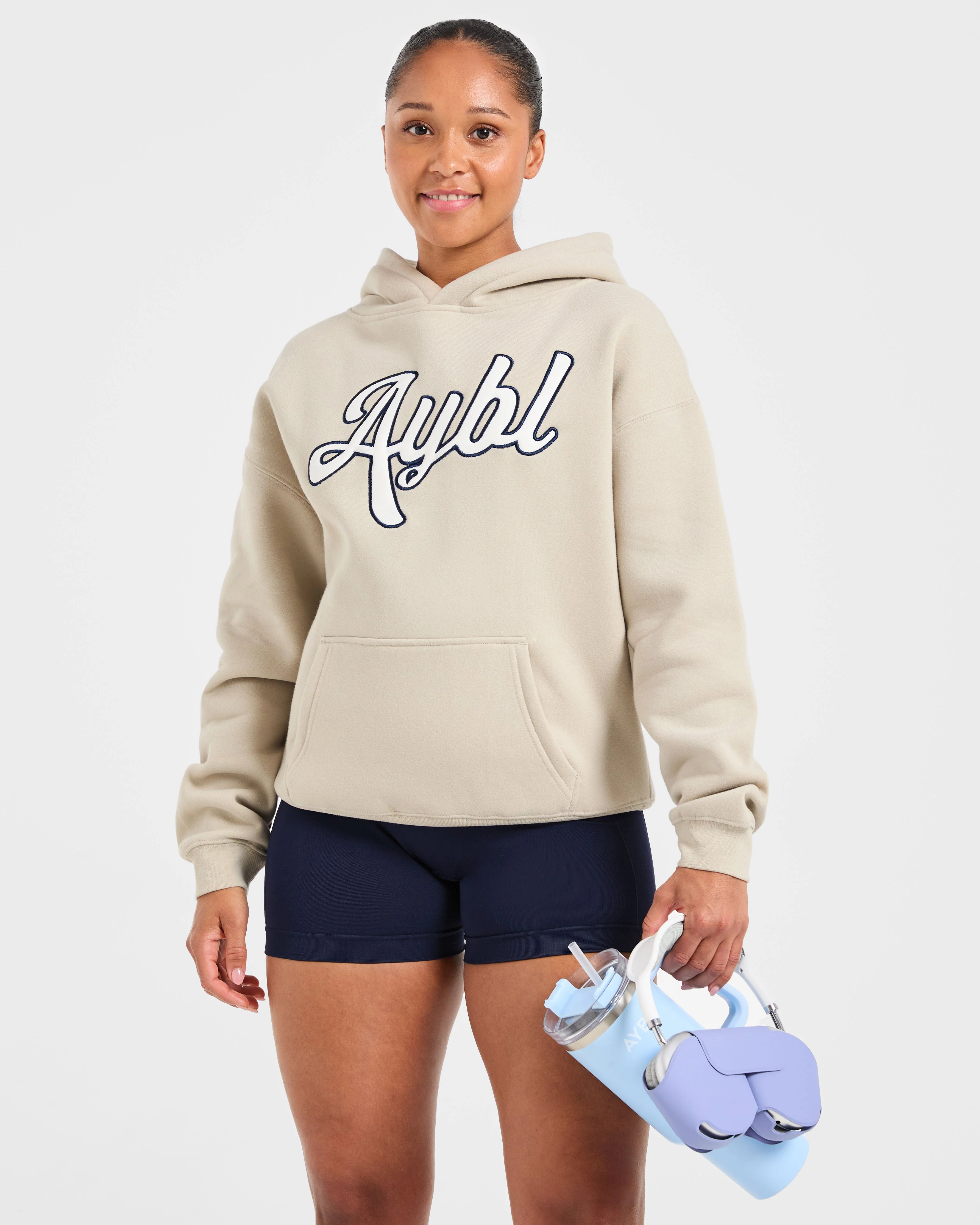 Script Embroidered Oversized Hoodie - Sand/Navy - Image 7