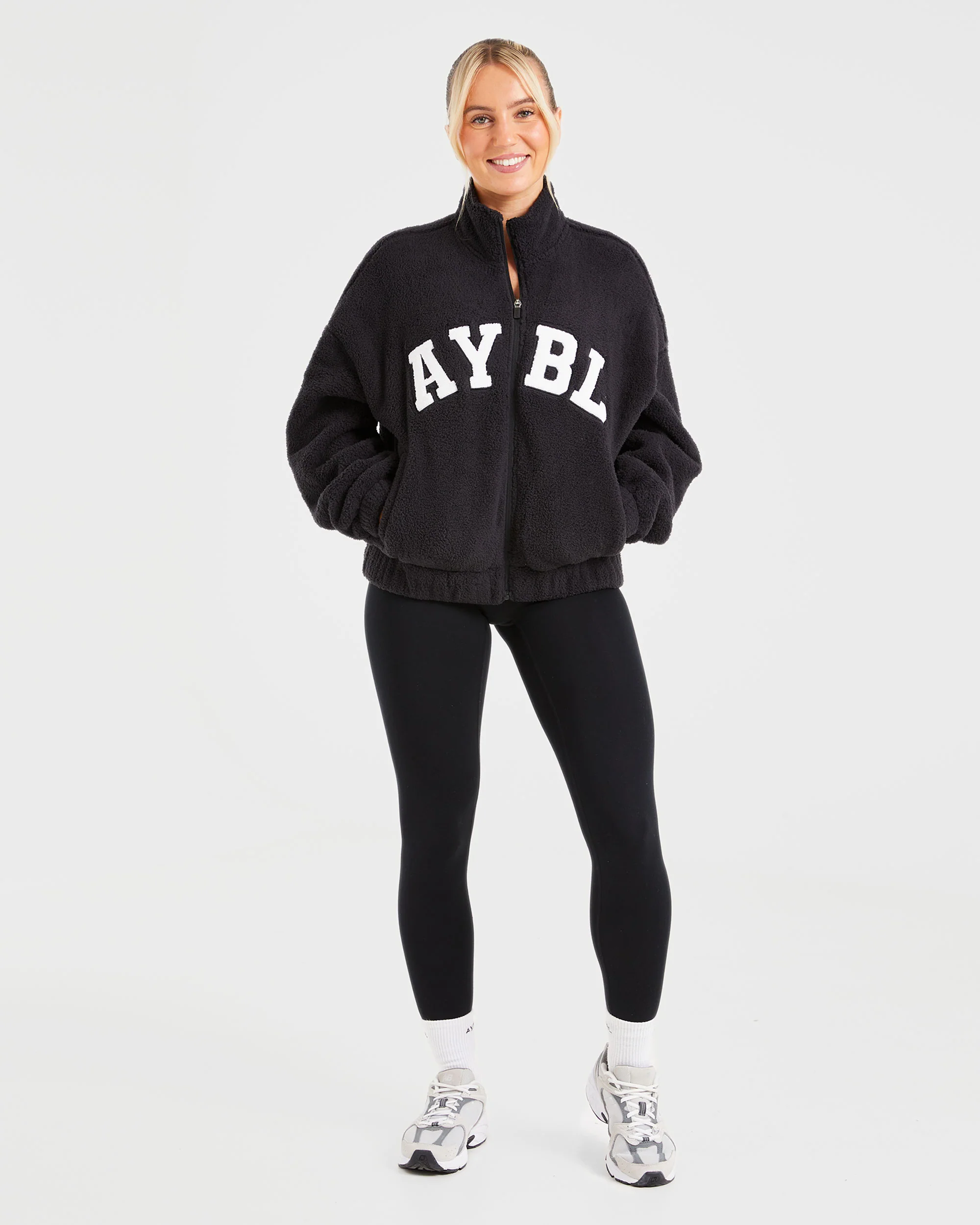 Varsity Oversized Fleece Zip Up Jacket - Black - Image 3