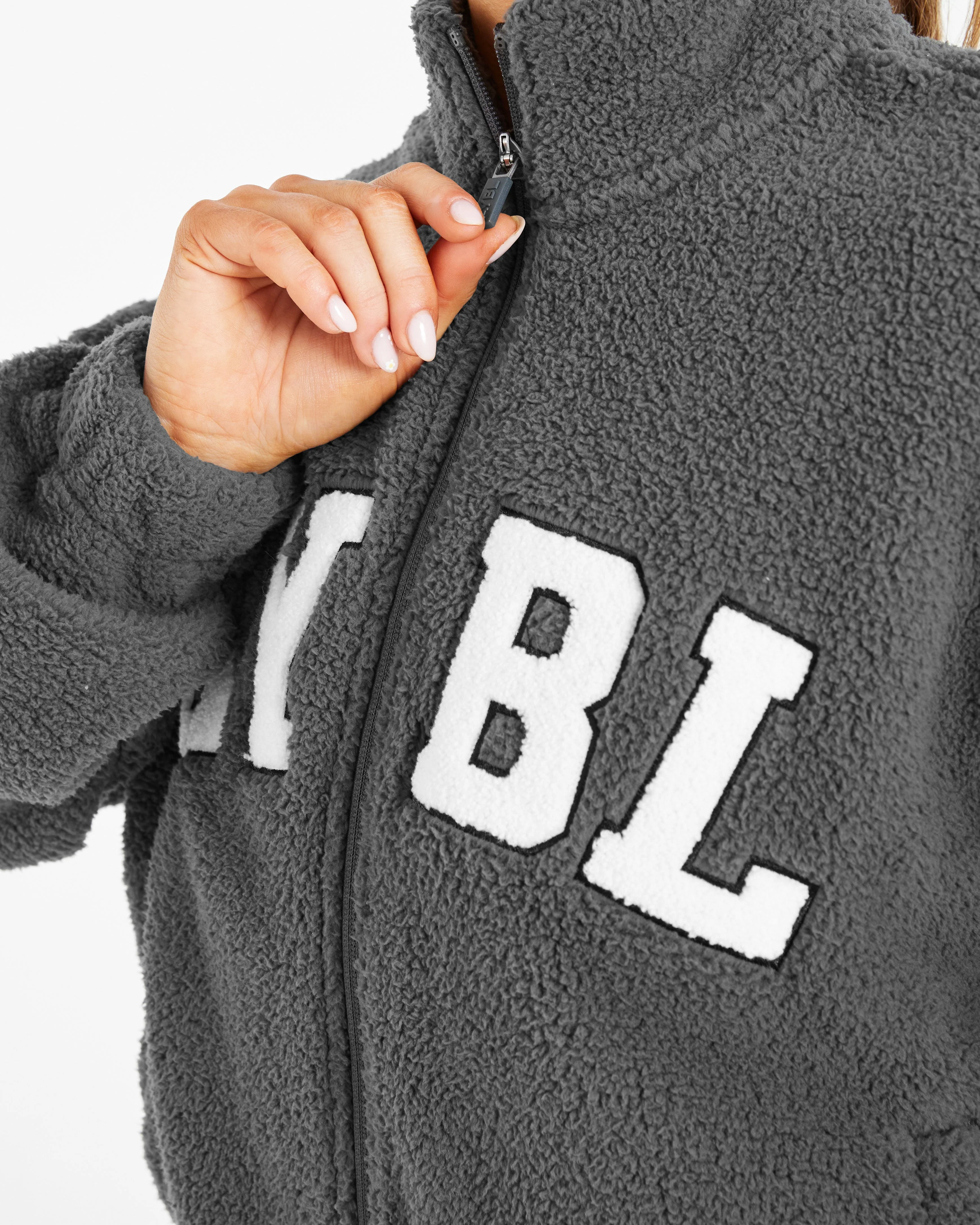 Varsity Oversized Fleece Zip Up Jacket - Charcoal - Image 6