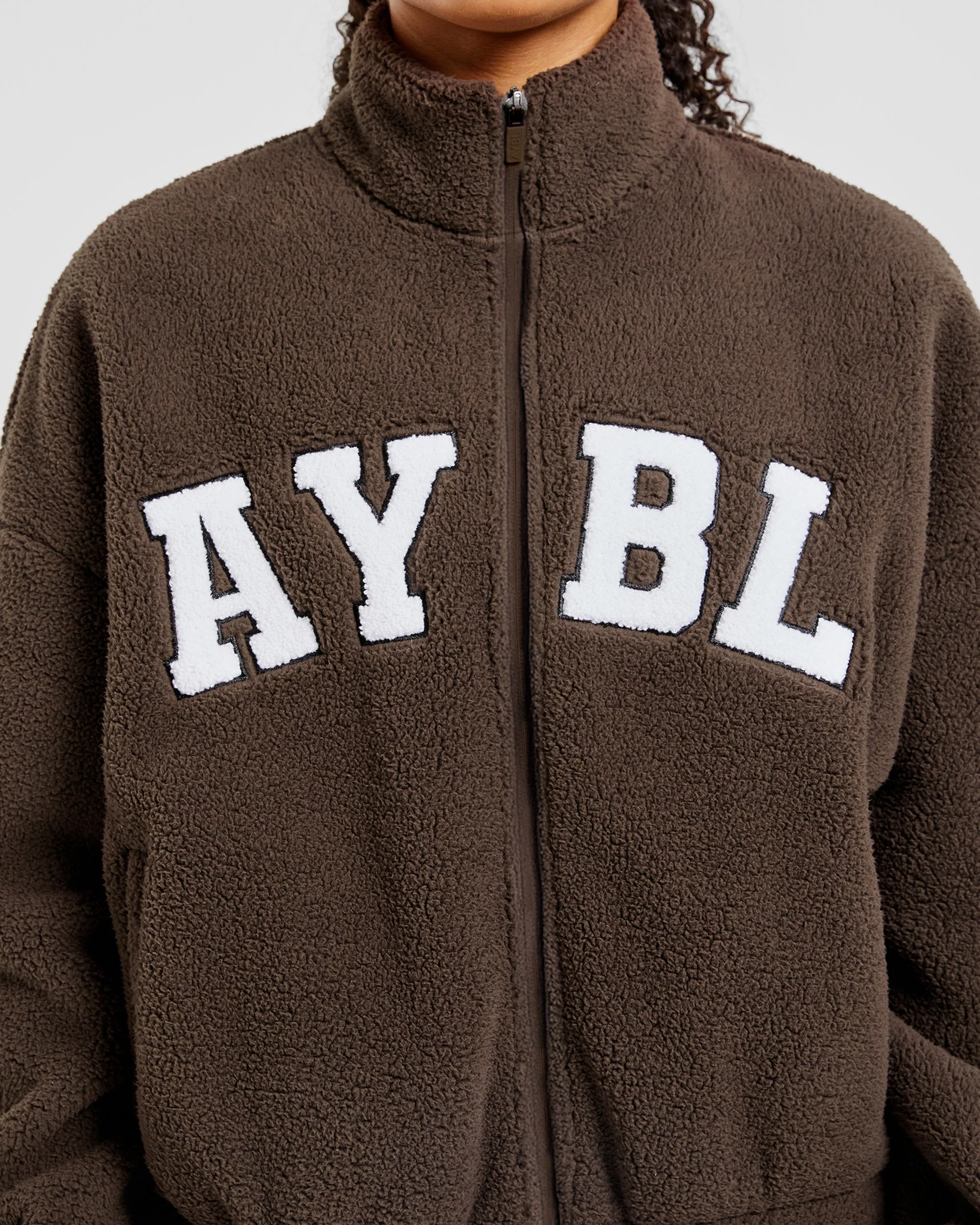 Varsity Oversized Fleece Zip Up Jacket - Cocoa Brown - Image 5