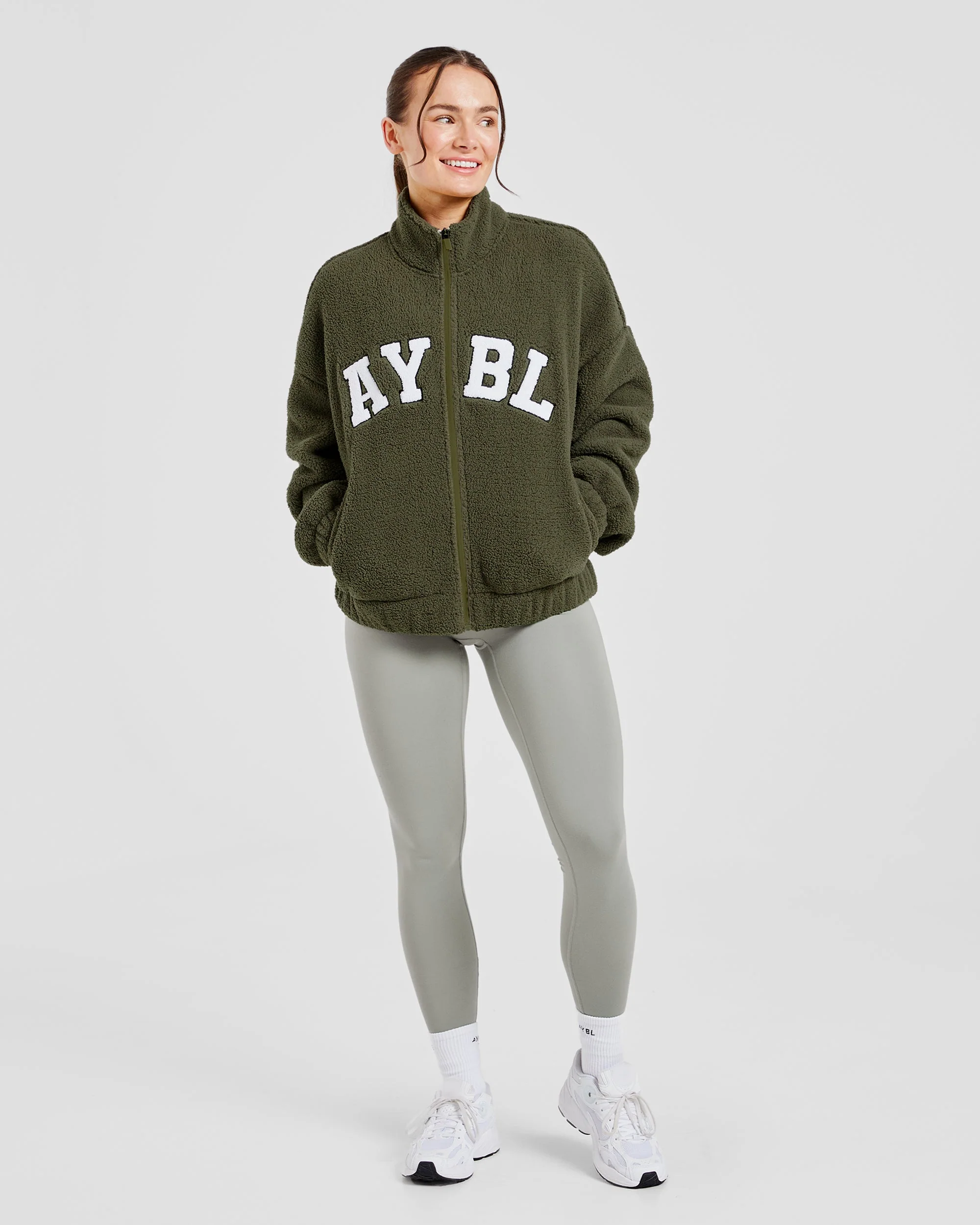Varsity Oversized Fleece Zip Up Jacket - Khaki Green - Image 3