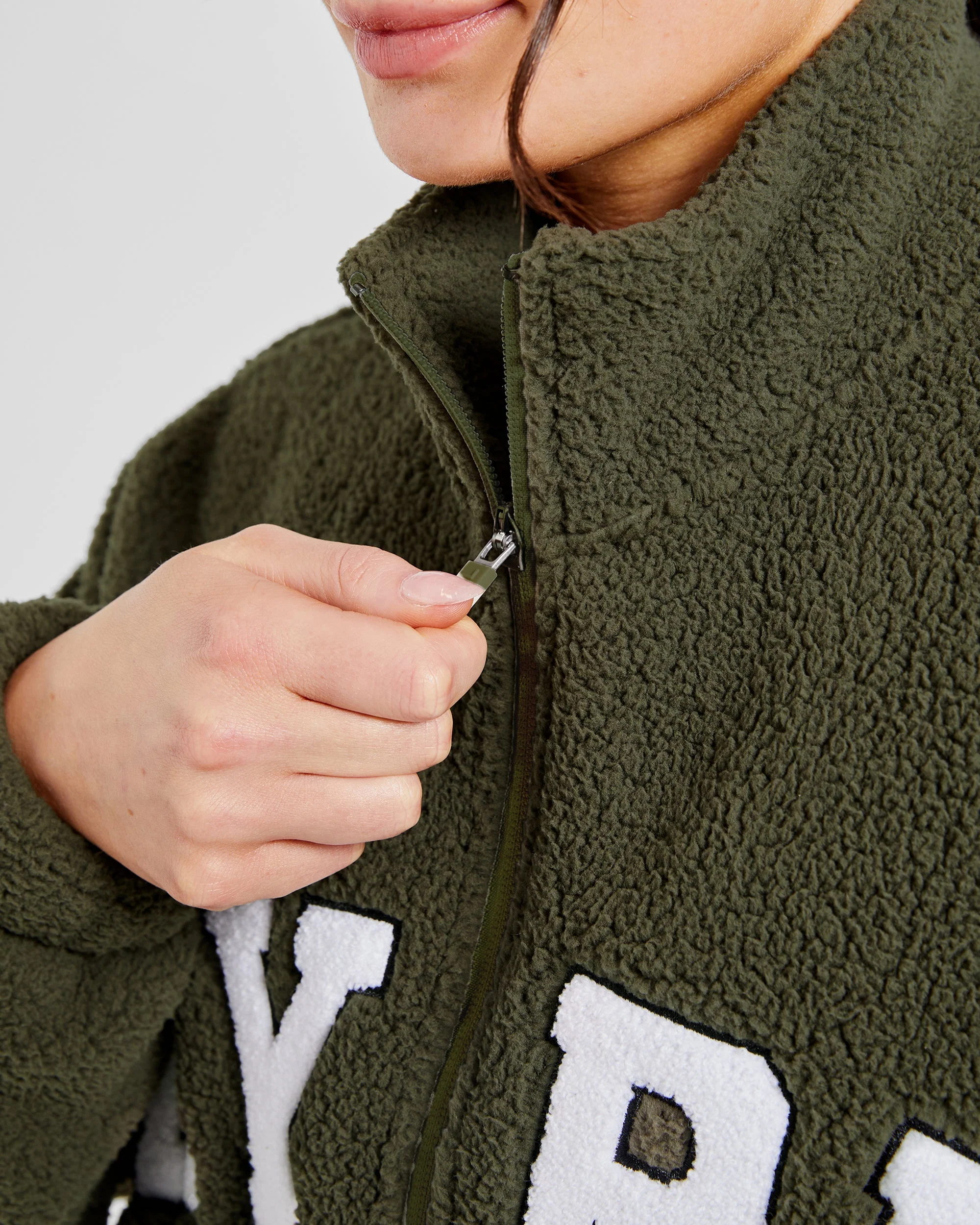 Varsity Oversized Fleece Zip Up Jacket - Khaki Green - Image 6