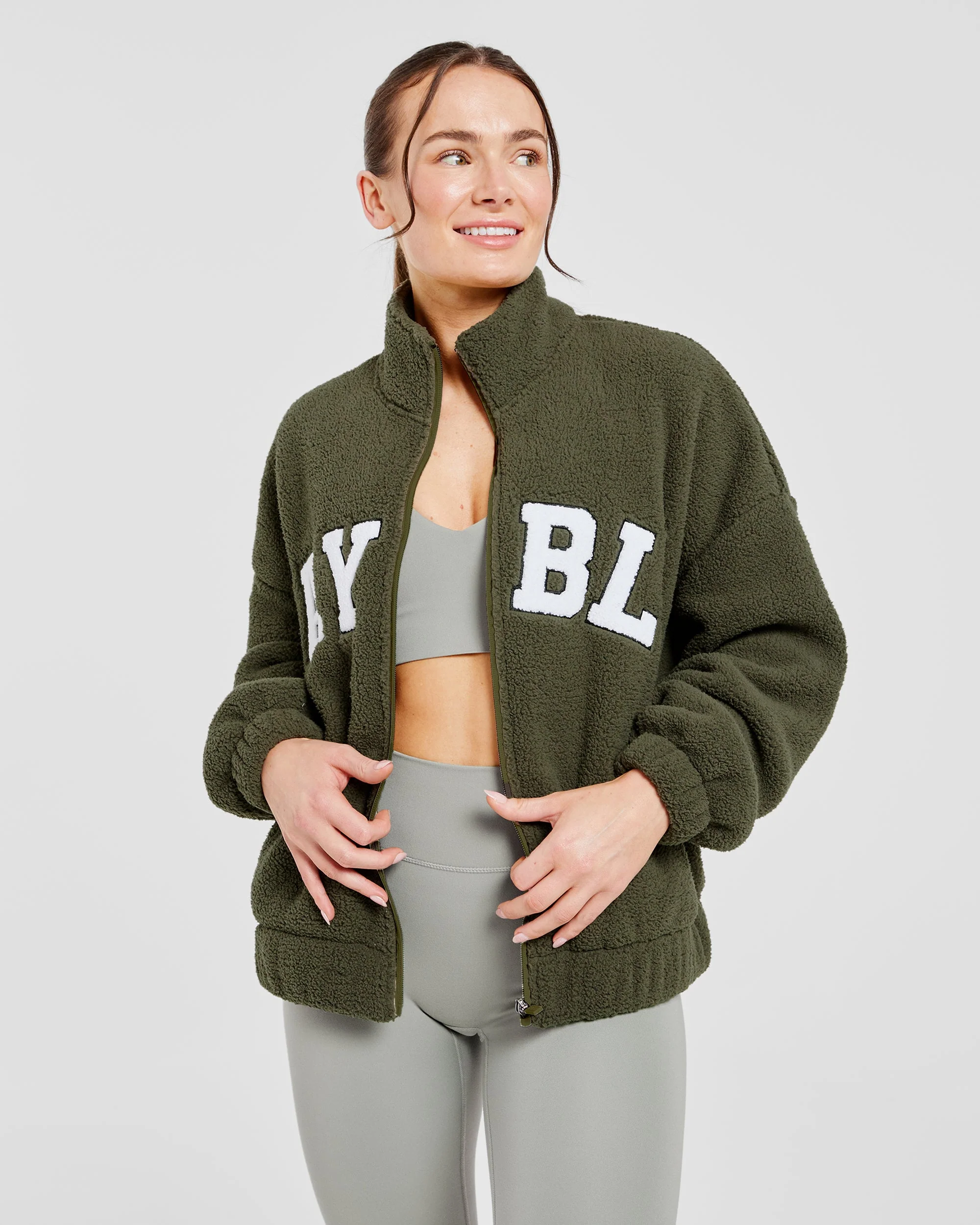 Varsity Oversized Fleece Zip Up Jacket - Khaki Green - Image 7